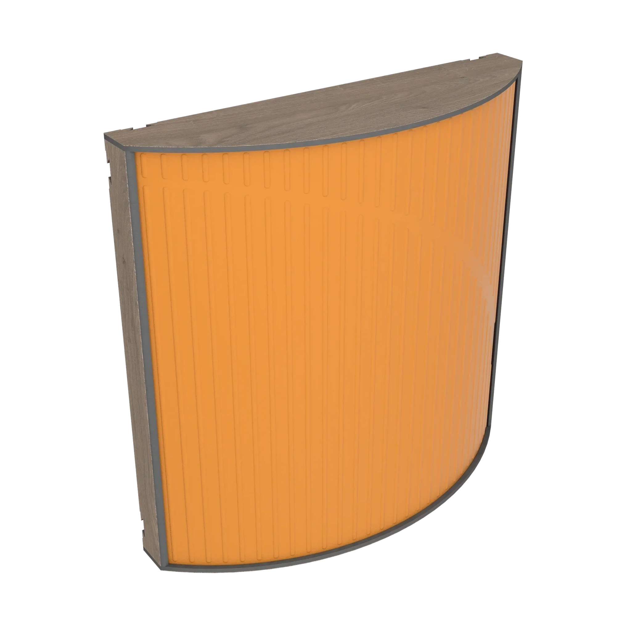 Vicoustic Cinema Round Ultra VMT Sound Absorbing Acoustic Panel in Pumpkin Orange and Brown Oak